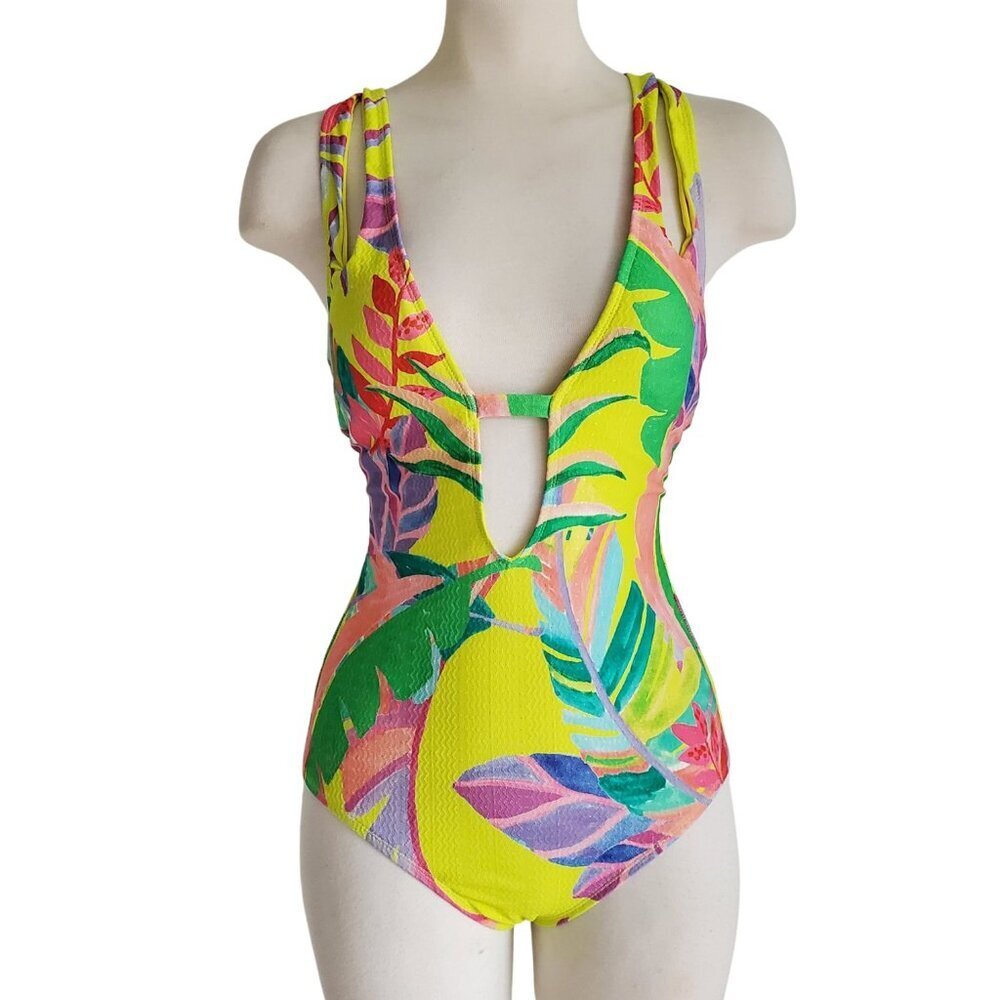 Becca Rebecca Virtue Costa Bella Yellow Tropical Print Plunge One Piece Swimsuit - Picture 2 of 16